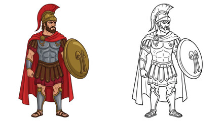Noble Hector Trojan Warrior Coloring Page Featuring Full Color and Crisp Outline Art