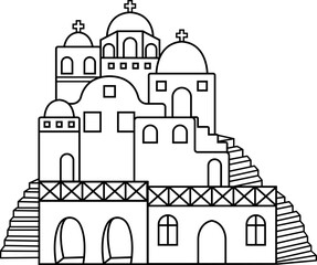 Linear traditional greek island resort view, cute cartoon architecture on transparent background