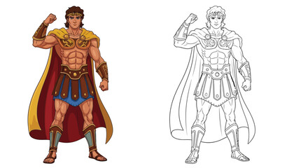 Heracles Hero Coloring Page with Muscular Outline and Colored Versions Mythology Art