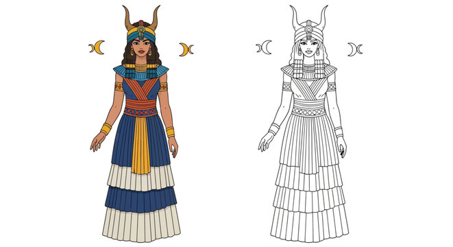 Divine Inanna Sumerian Goddess Coloring Page Full Color and Crisp Outline Figures