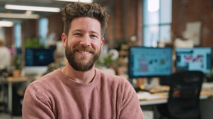 A smiling young man in a modern office environment, showcasing collaboration and creativity in the workplace.