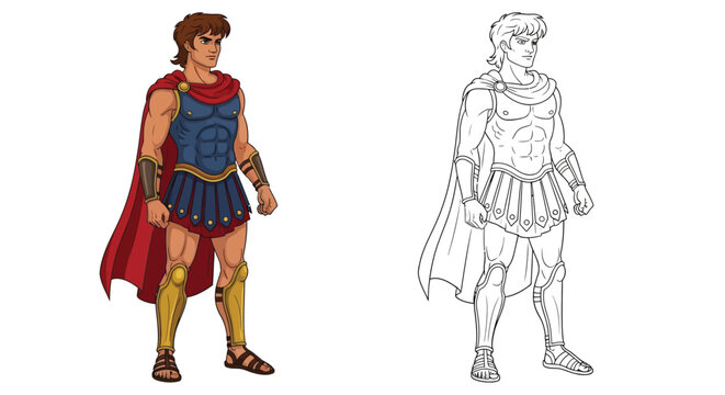 Jason Greek Hero Coloring Page with Colored and Outline Style Mythology Art