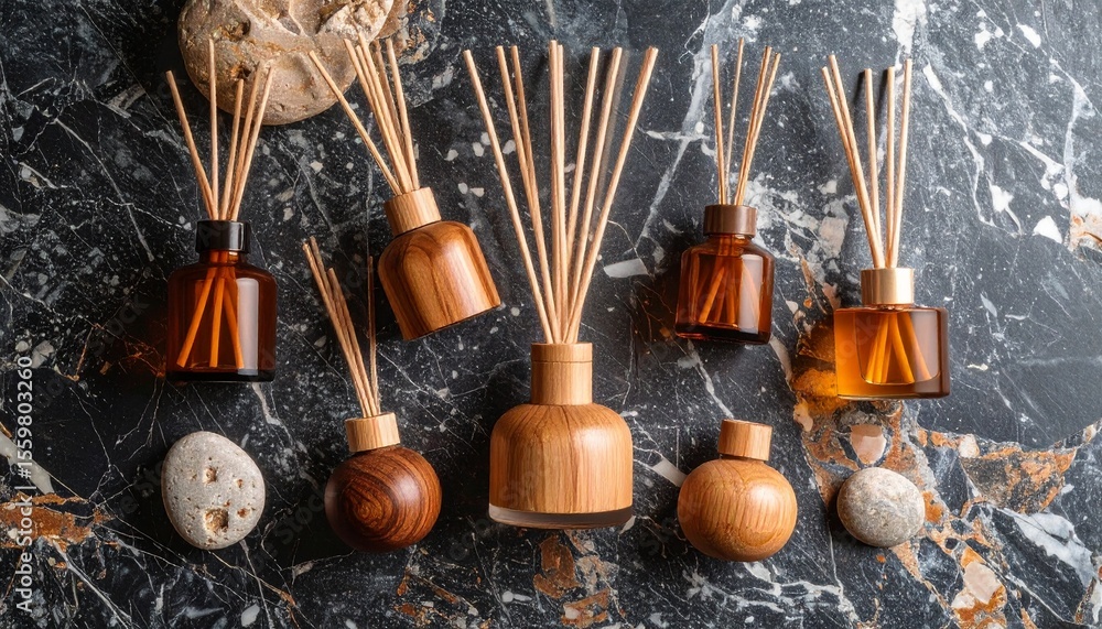 Aufkleber unique flat lay of wooden diffusers with a skull in the background on a granite surface