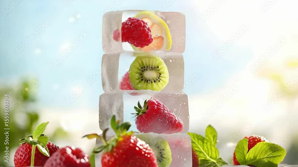 Poster a stack of ice cubes each containing slices of fruits like kiwi, lemon, and raspberries, surrounded 