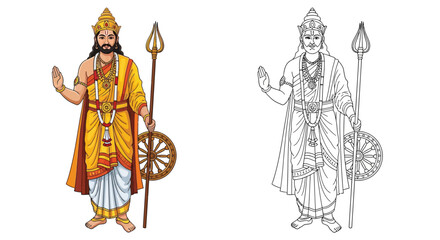 King Ashoka the Great Coloring Page Majestic Ruler in Outline and Colored Styles