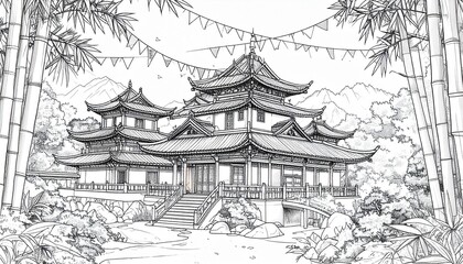 Elegant line drawing of japanese temple nestled in lush woods reflecting spirituality and calmness