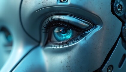 Close Up of Human Eye with Robotic Face Showing Synthetic Skin and Mechanical Components in Blue Tones