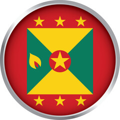 Glossy round icon of Grenada national flag with red border, yellow stars, green field, and nutmeg symbol

