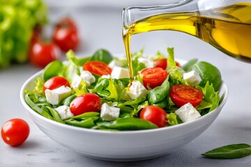 Cook pouring olive oil over fresh salad with tomatoes, cheese and lettuce