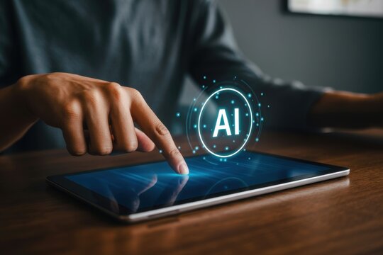 Finger touching a tablet screen with AI icon, person using tablet for artificial intelligence.