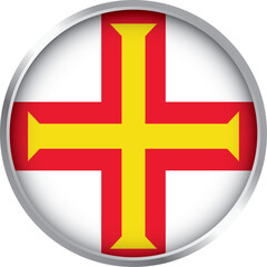 Obraz premium Glossy round icon of Guernsey national flag with red cross and gold Norman cross in silver border design