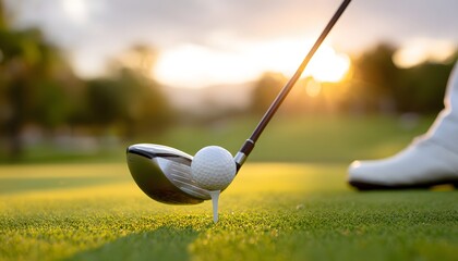 Close up golf ball with driver club in golf course