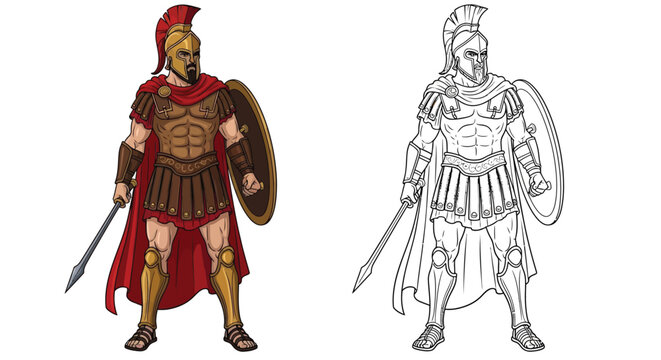 King Leonidas Coloring Page Legendary Spartan Ruler in Color and Outline Art