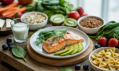 Salmon with Avocado and Fresh Food on Wooden Table