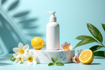 White cosmetic bottle on Blue background with fresh lemons, flowers and round marble podium. Blank space for display product of lemon ingredient. AI