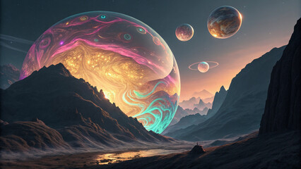 A dreamlike scene of a glowing, planet-like orb hovering between jagged, shadowy peaks. The orb's surface appears alive with flowing color: saturated bands of electric pink, turquoise, gold, and indig