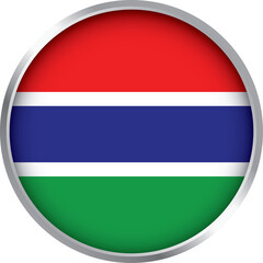 Obraz premium Glossy round icon of Gambian national flag with red, blue, green stripes and silver border vector design