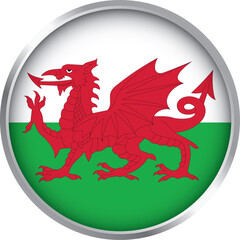 Obraz premium Glossy round icon with Welsh flag featuring red dragon on white and green background with silver border