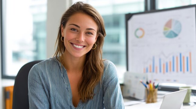 Cheerful woman sitting at her desk, smiling at the camera, with graphs and data analysis in the background. - Powered by Adobe