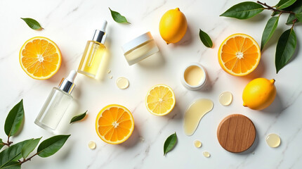 Vitamin C Skincare Products and Citrus Fruits Flat Lay