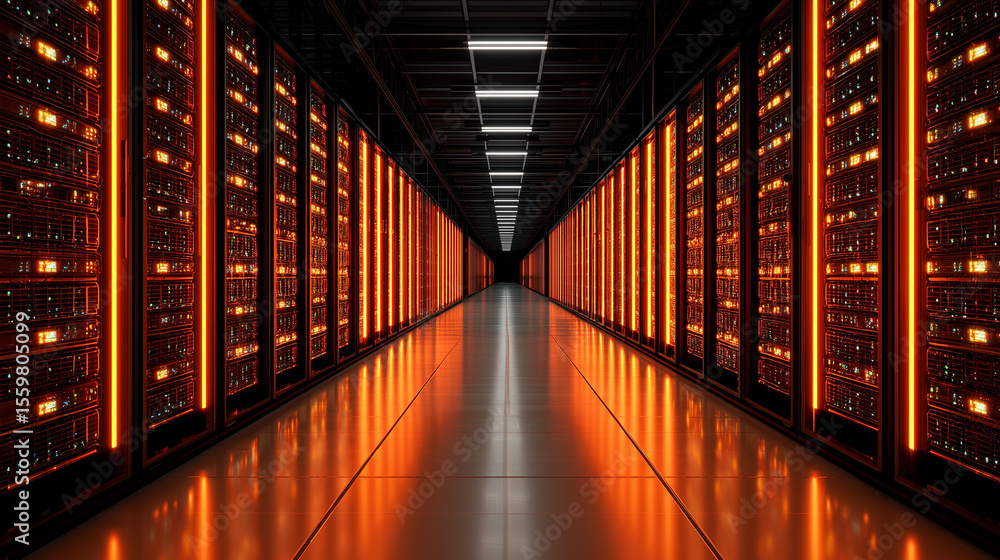 Poster high-performance computing data center: a server farm hallway with glowing red lights, symbolizing h