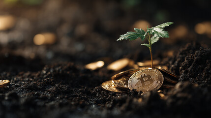 Growth of Cryptocurrency Investment: A small green plant sprout growing from a pile of Bitcoin coins, symbolizing investment growth and green crypto.