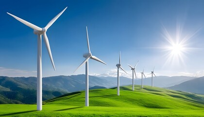 Tall wind turbines with sky background. Green power concept