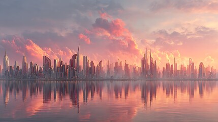 Glass skyline shaped by electrochemical brain patterns in pink twilight
