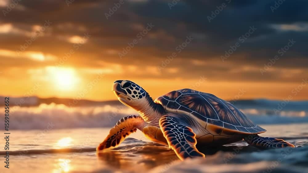 Poster a turtle is emerging from the ocean while the sun sets in the background, creating a serene and beau