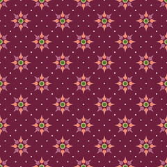 Seamless Thai pattern on dark red purple background. Colored traditional repeat design wallpaper. Abstract asian floral ornament.