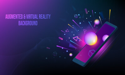 Augmented Reality AR and Virtual Reality VR development and design for digital media, including web and mobile apps. Suitable for innovation technology by using abstract phone and geometric visuals.