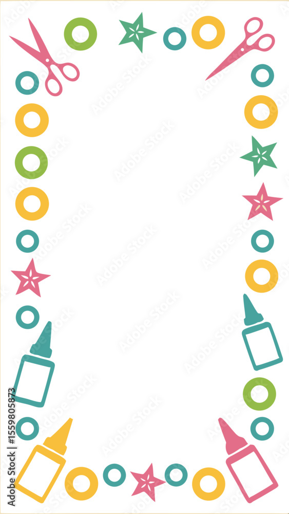 Poster a colorful border design featuring craft supplies like scissors glue bottles stars and circles on a 