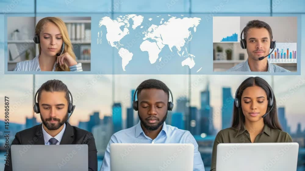 Poster diverse professionals engage in a virtual meeting using laptops and headsets, with a world map and c