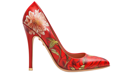 Stylish red high heel leather shoes for women, elegant fashion accessory with floral decoration, isolated on transparent background. PNG