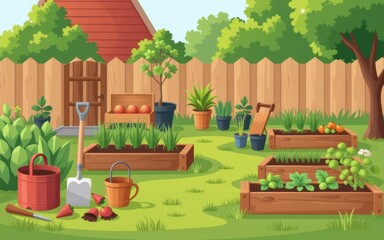 Obraz premium Bright garden with various plants and gardening tools in a vibrant setting.