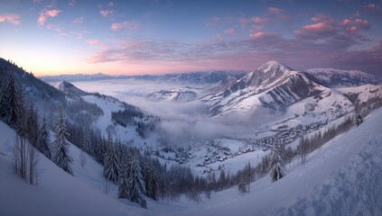 Panoramic winter mountain landscape at sunrise