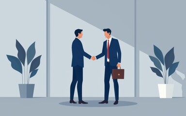 Fototapeta premium Businessmen shaking hands in an office setting with plants around.