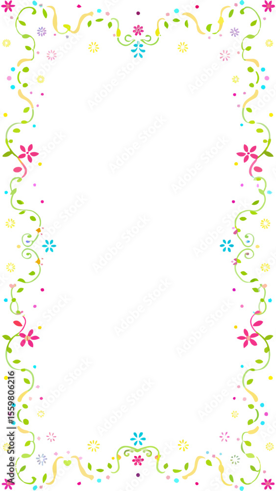 Poster Whimsical floral border with colorful confetti and swirling vines creating a playful and decorative frame for text or images