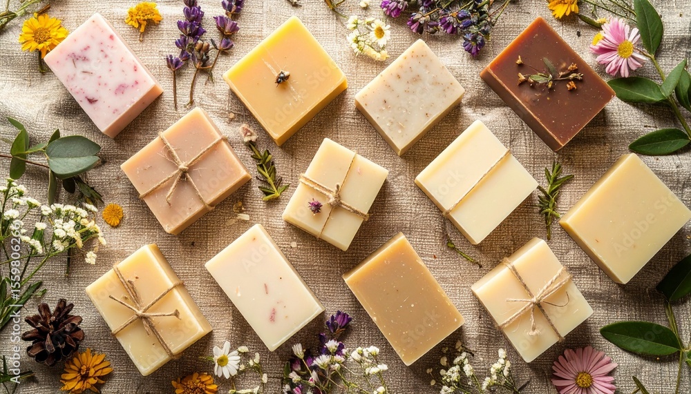 Aufkleber beautifully styled natural soaps with flowers on a colorful canvas table display