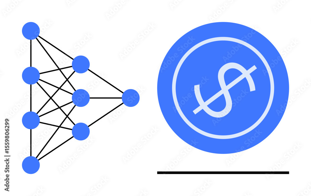 Poster neural network diagram connecting nodes on left, with dollar sign in blue circle on right. ideal for