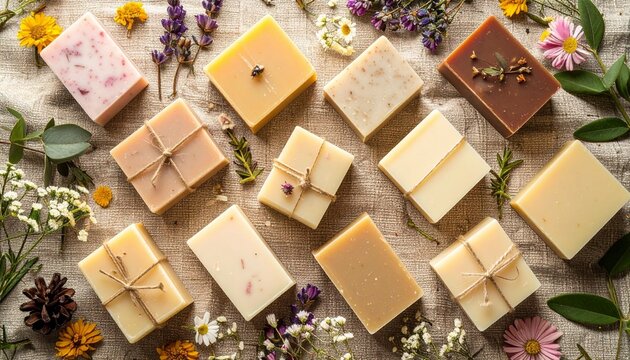 Beautifully styled natural soaps with flowers on a colorful canvas table display