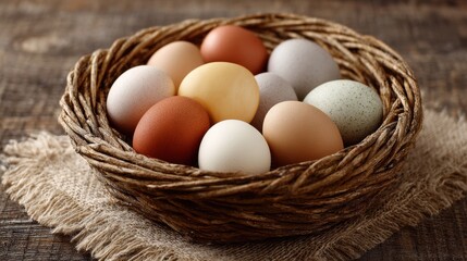 Freshly collected eggs in a rustic woven basket, displaying a variety of colors and textures on a wooden surface.