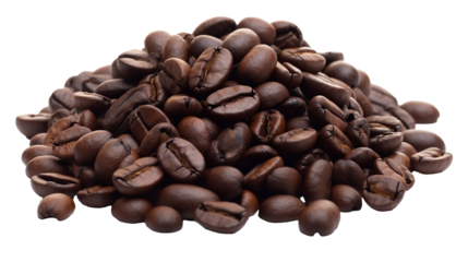 Roasted brown coffee beans isolated on transparent background, suitable for caffeinated drinks. PNG