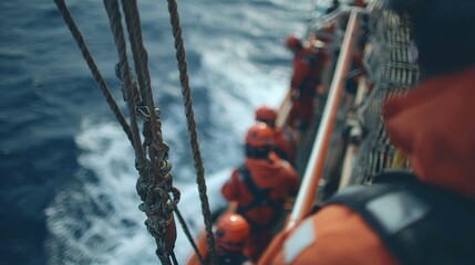 A focused scene of a gravity davit mechanism in action showing the intricate pulleys and rigging as the lifeboat descends while crew members check safety equipment and readiness from