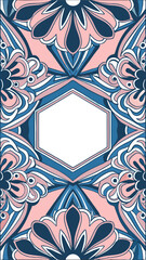 Abstract floral motif with a central hexagonal frame in shades of pink blue and white