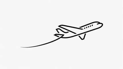 Minimalist logo line art travel agency air icon depicting airplane in flight on white background
