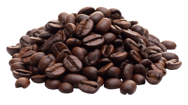 Roasted brown coffee beans isolated on transparent background, suitable for caffeinated drinks. PNG