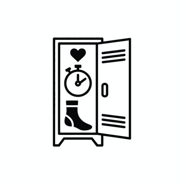 A minimalist black vector icon illustration depicting an open gym locker containing a stopwatch a sock and a heart symbol against a white background