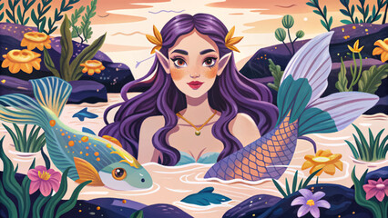 Cartoon vector of a whimsical mermaid garden with floating aquatic plants, colorful seaweed, coral elements, and magical underwater ambiance perfect for fantasy-themed illustrations