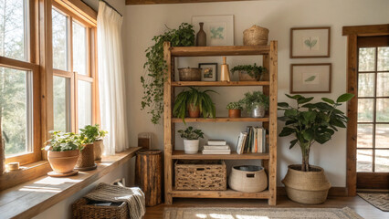 Cozy room corner with wooden shelving filled with plants and decor